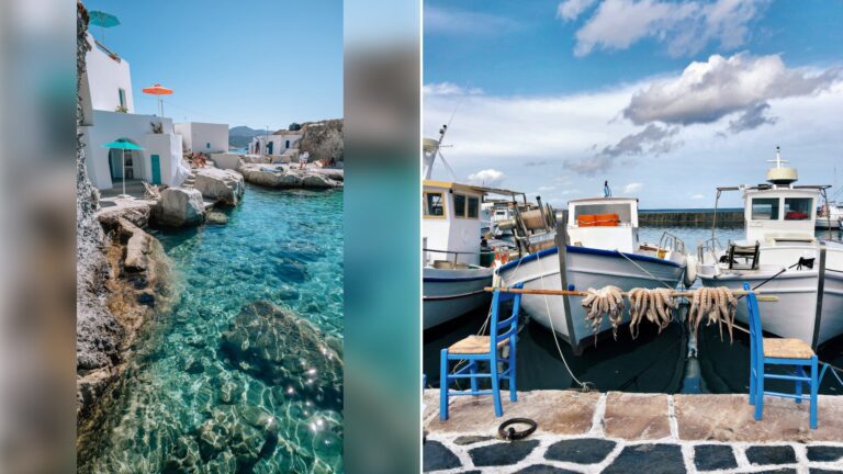 Left: cover still from an Instagram reel by @. Right: A white and blue fishing boat at a dock in a Greek island village (Unsplash photo by Despina Galani).