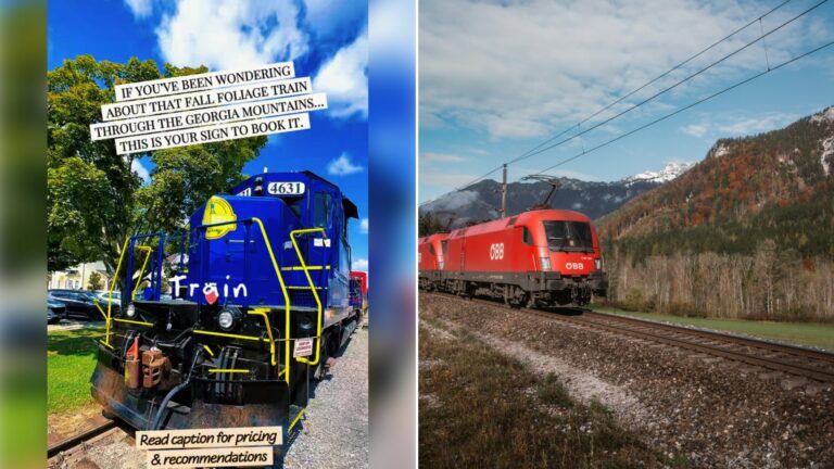 Left: cover still from a TikTok video by @@alainapinkney. Right: A red train travelling through a scenic mountain landscape (Unsplash photo by Ahmet Yüksek).