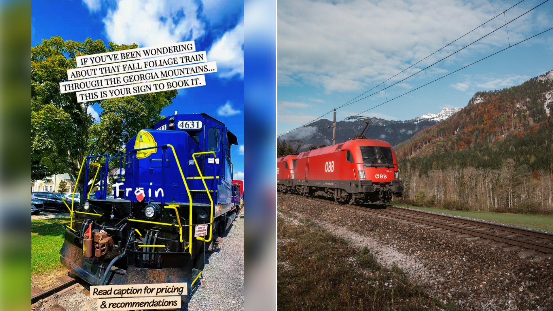 Left: cover still from a TikTok video by @@alainapinkney. Right: A red train travelling through a scenic mountain landscape (Unsplash photo by Ahmet Yüksek).
