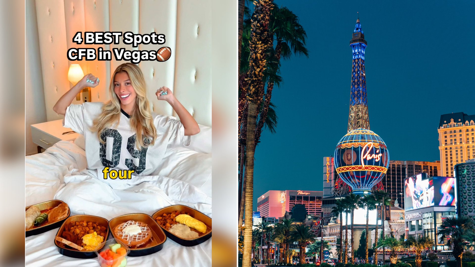 Left: cover still from a TikTok video by @@surferpeighton. Right: The Las Vegas Strip lit up at night (Unsplash photo by Dustin Bowdige).
