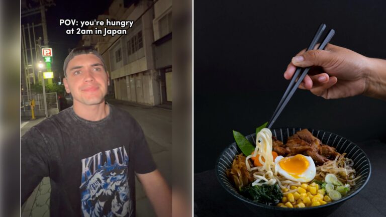 Left: cover still from a TikTok video by @@slavinjoshua. Right: A bowl of ramen (Unsplash photo by Bon Vivant).