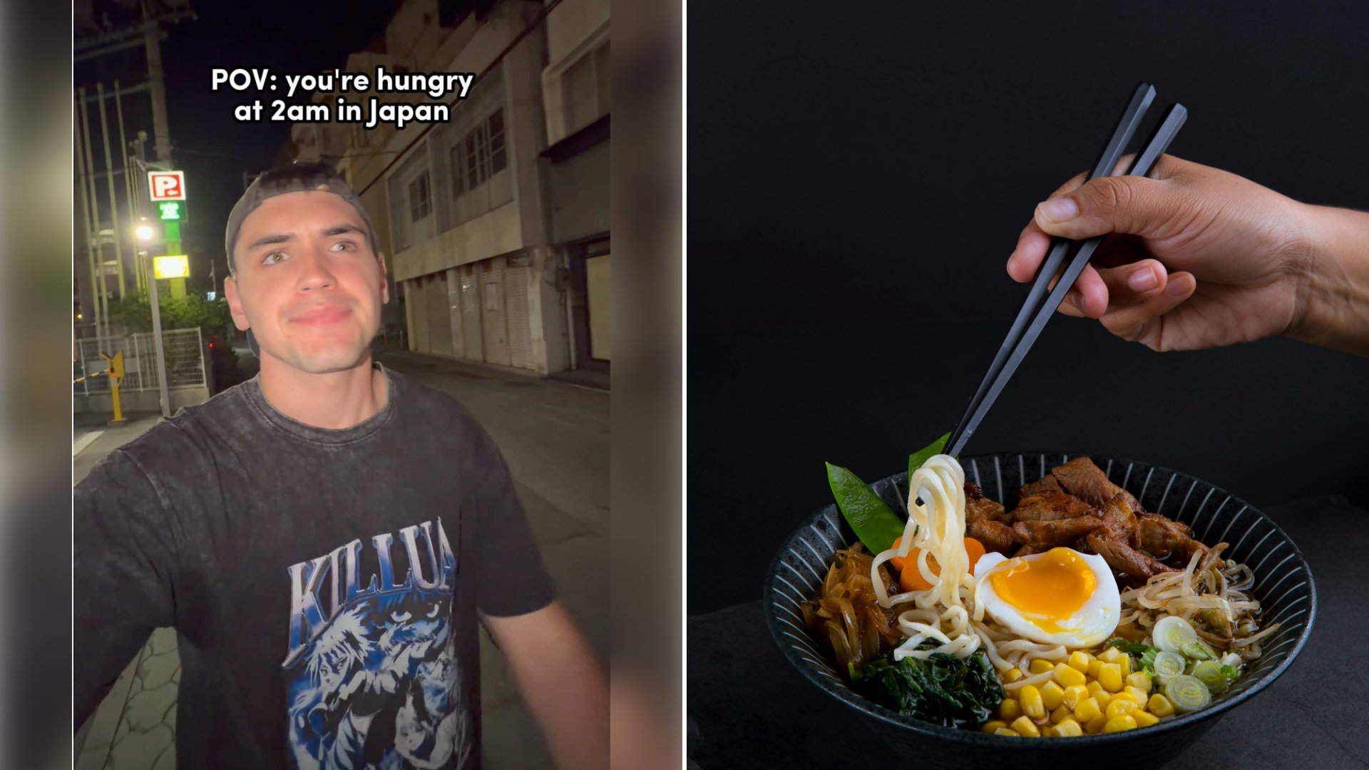 Left: cover still from a TikTok video by @@slavinjoshua. Right: A bowl of ramen (Unsplash photo by Bon Vivant).
