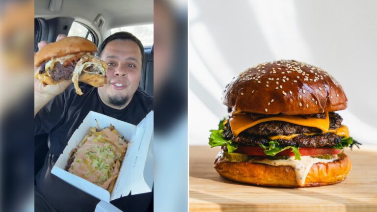 Left: cover still from a TikTok video by @@gibbystaysgeekin. Right: A cheeseburger on a wooden cutting board (Unsplash photo by amirali mirhashemian).
