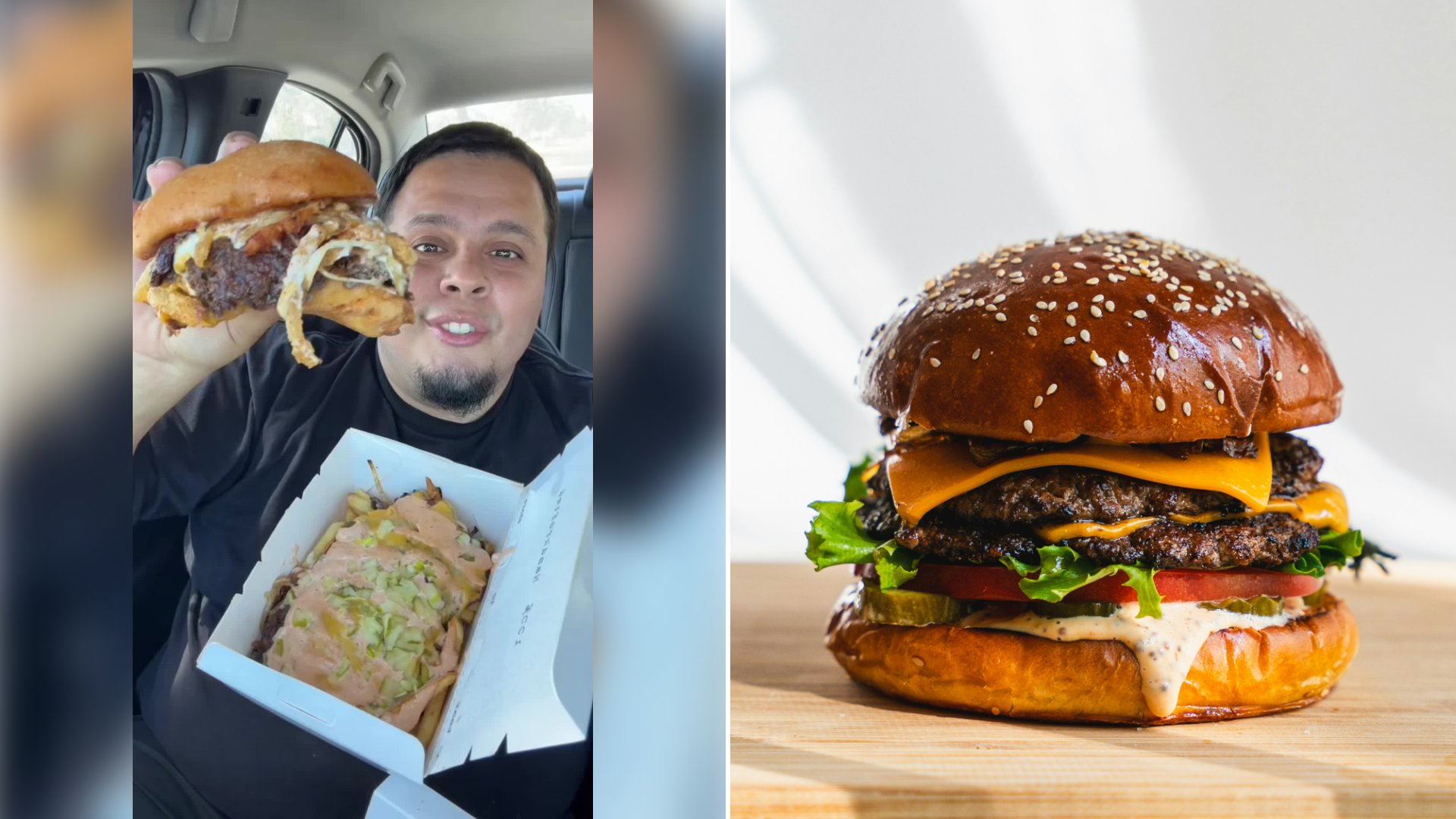 Left: cover still from a TikTok video by @@gibbystaysgeekin. Right: A cheeseburger on a wooden cutting board (Unsplash photo by amirali mirhashemian).