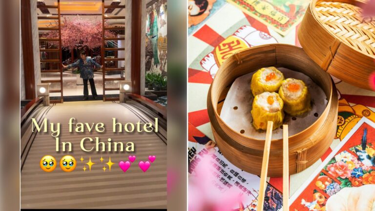 Left: cover still from a TikTok video by @@mamadinya2. Right: A round wooden bowl of steamed dumplings (Unsplash photo by Febrian Zakaria).
