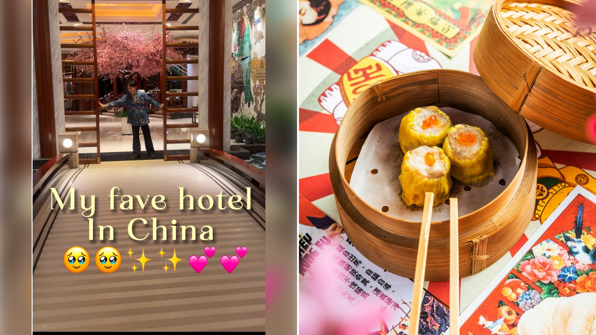 Left: cover still from a TikTok video by @@mamadinya2. Right: A round wooden bowl of steamed dumplings (Unsplash photo by Febrian Zakaria).
