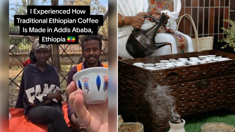 Left: cover still from a TikTok video by @@travel_with_dav. Right: A black ceramic coffee pot on a brown woven table (Unsplash photo by Zeynep S.).