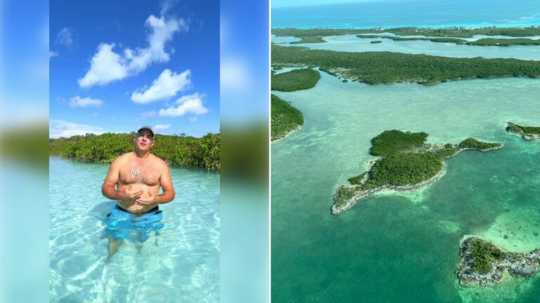 Left: cover still from a TikTok video by @@thegoodlifebahamas. Right: An aerial view of green islands in clear Bahamian water (Unsplash photo by Fernando Jorge).