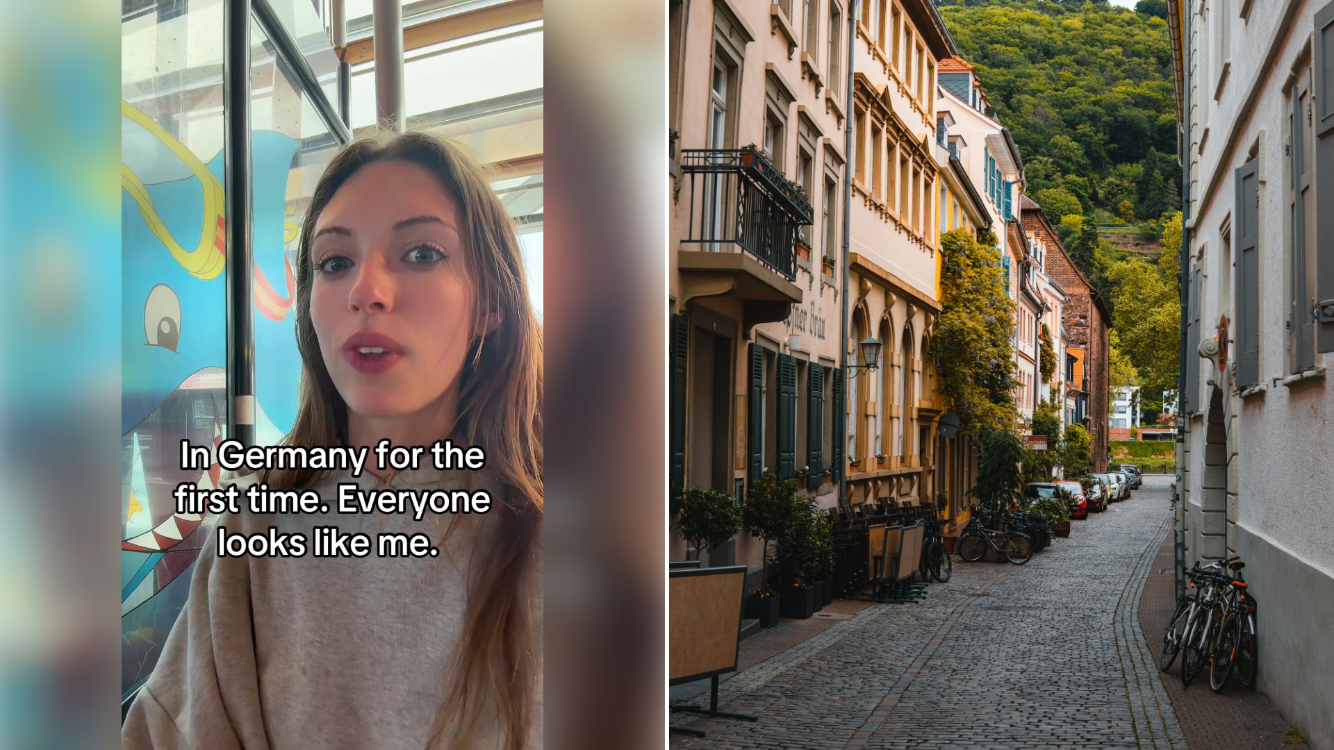 Left: cover still from a TikTok video by @@greta.div. Right: A black bicycle parked on a sidewalk between buildings in daytime (Unsplash photo by Tobias Reich).