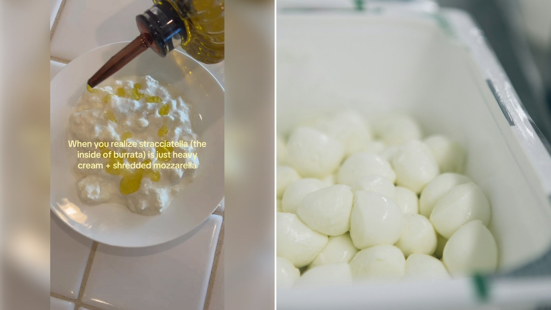 Left: cover still from an Instagram reel by @. Right: A container of fresh white mozzarella on a counter (Unsplash photo by laura novara).