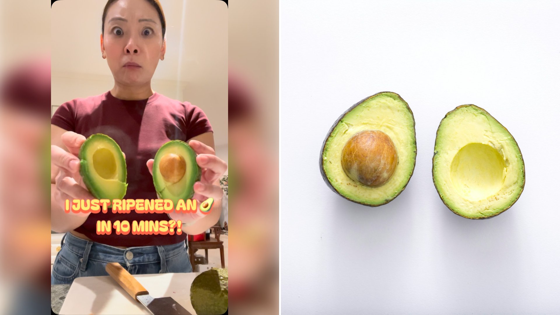Left: cover still from an Instagram reel by @. Right: A sliced avocado on a light background (Unsplash photo by Thought Catalog).