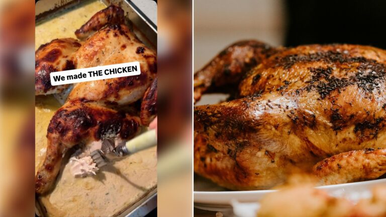 Left: cover still from an Instagram reel by @. Right: A roasted chicken on a white plate (Unsplash photo by Claudio Schwarz).