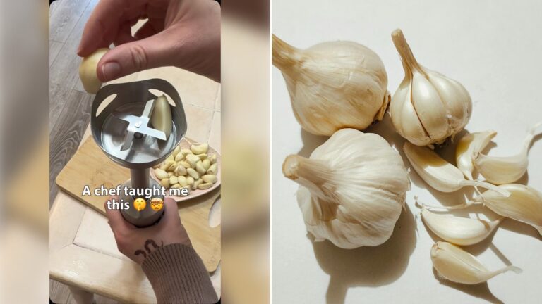 Left: cover still from an Instagram reel by @. Right: Garlic bulbs and cloves on a table (Unsplash photo by Surya Prakash).