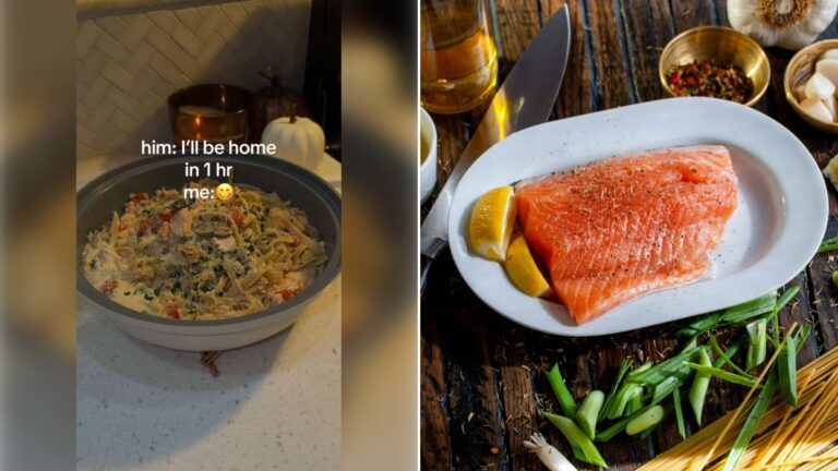 Left: cover still from a TikTok video by @@nenahx. Right: Raw salmon laid out with meal ingredients (Unsplash photo by David B Townsend).