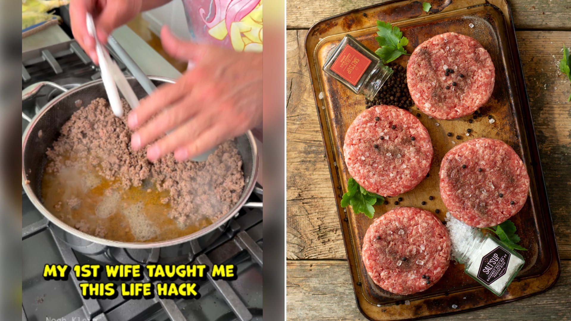 Left: cover still from a TikTok video by @@614lyfe. Right: Raw ground meat patties sit on a wooden chopping board (Unsplash photo by Piret Ilver).