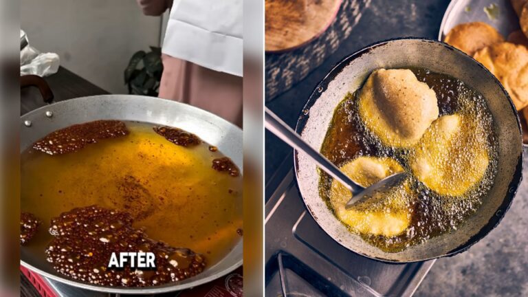 Left: cover still from a TikTok video by @@bonfyp. Right: Fried food cooking in a black pan (Unsplash photo by Ashwini Chaudhary(Monty)).