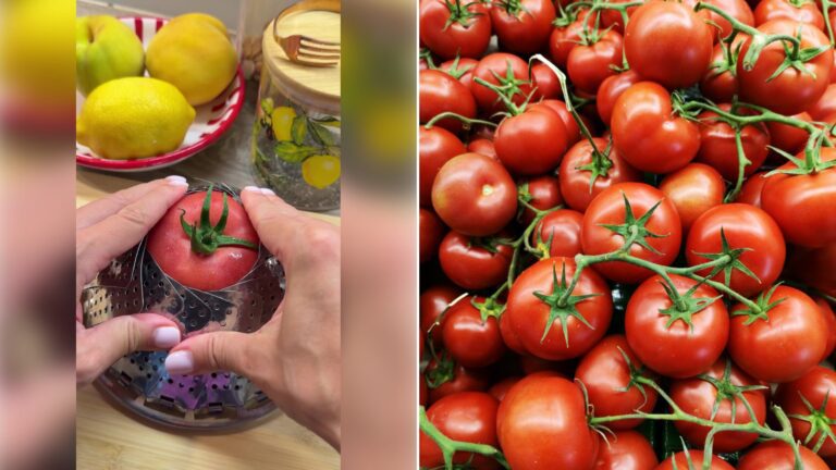 Left: cover still from a TikTok video by @@goood_for_you. Right: Red tomatoes on a wooden table (Unsplash photo by engin akyurt).