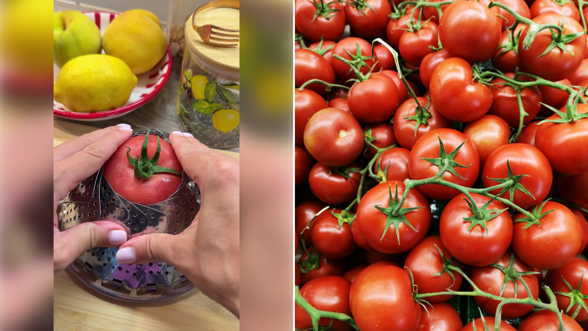 Left: cover still from a TikTok video by @@goood_for_you. Right: Red tomatoes on a wooden table (Unsplash photo by engin akyurt).