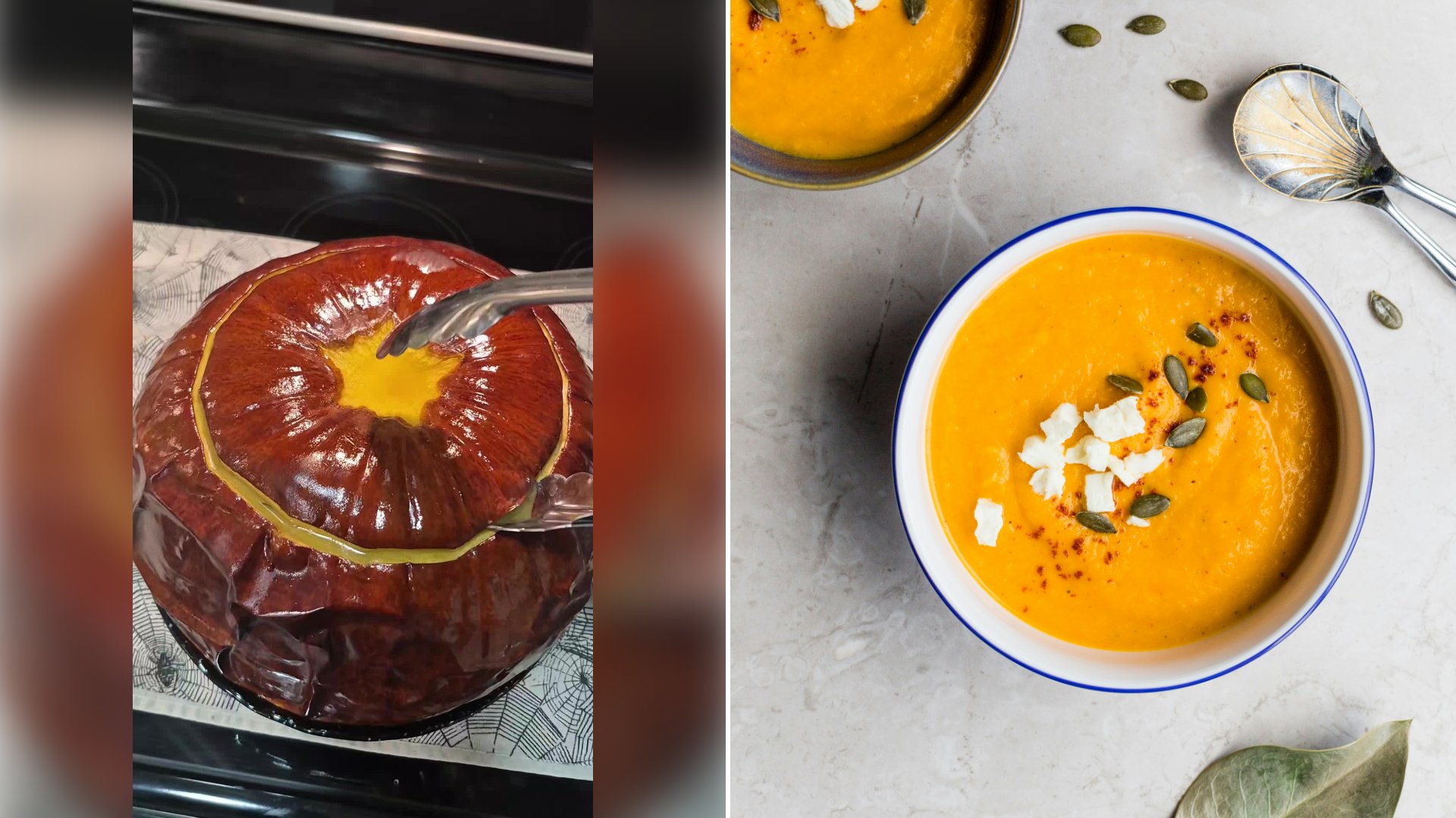 Left: cover still from a TikTok video by @@cat.damian. Right: Bowls of orange soup topped with feta and pumpkin seeds (Unsplash photo by Cala).