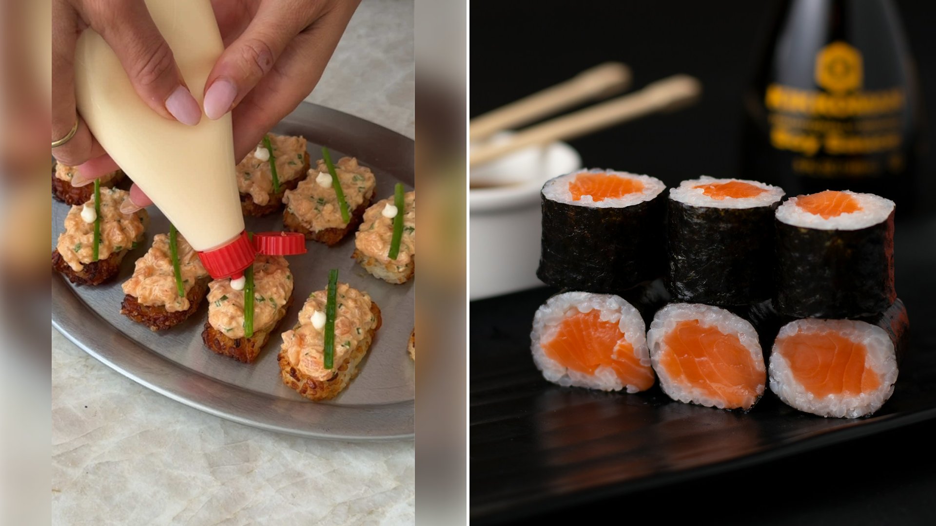 Left: cover still from a TikTok video by @@coconutandbliss. Right: Sushi on a white ceramic plate (Unsplash photo by Mahmoud Fawzy).