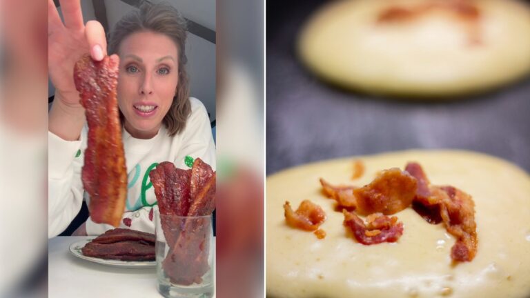 Left: cover still from a TikTok video by @@dinnerin321. Right: Bacon and pancakes cooking in a pan (Unsplash photo by Mikey Frost).