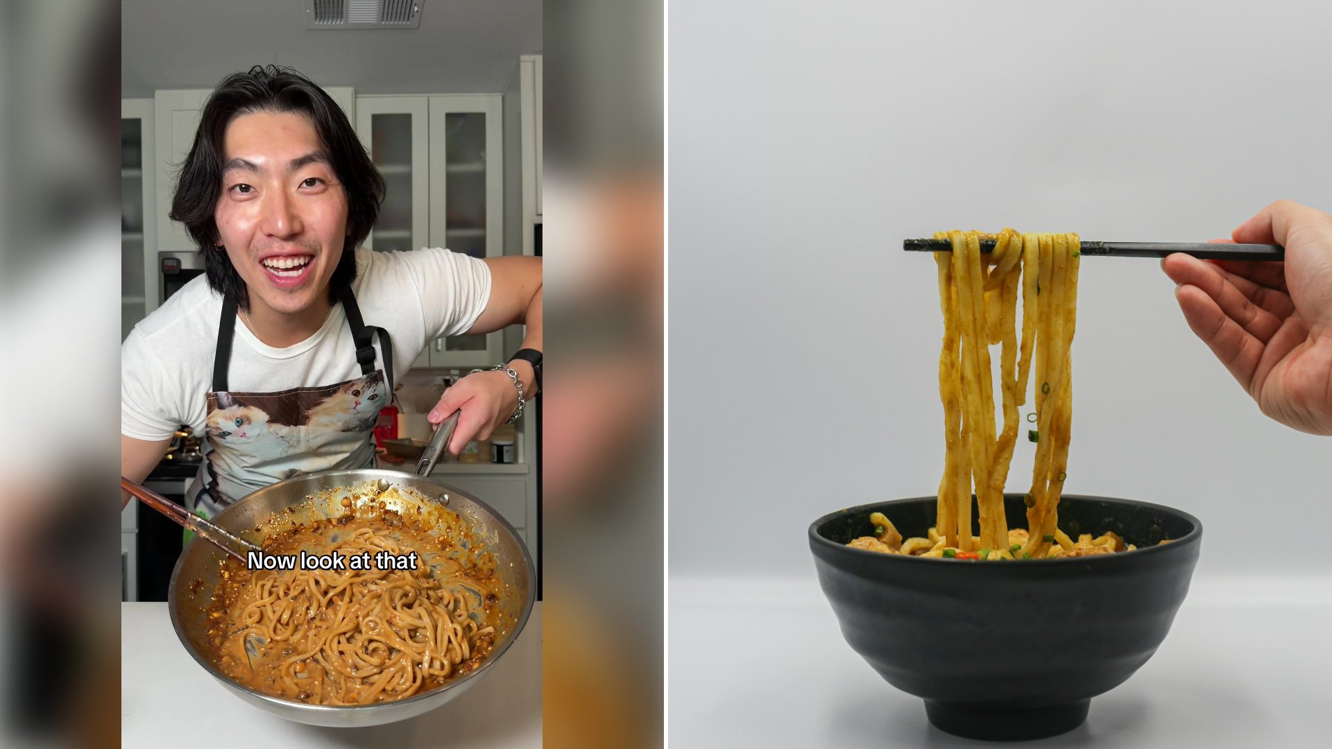 Left: cover still from a TikTok video by @@howiener. Right: A hand holding chopsticks over a bowl of noodles (Unsplash photo by Xavier Chng).