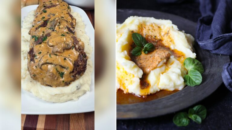 Left: cover still from a TikTok video by @@cookinginthemidwest. Right: A plate of mashed potatoes topped with gravy (Unsplash photo by Parnis Azimi).