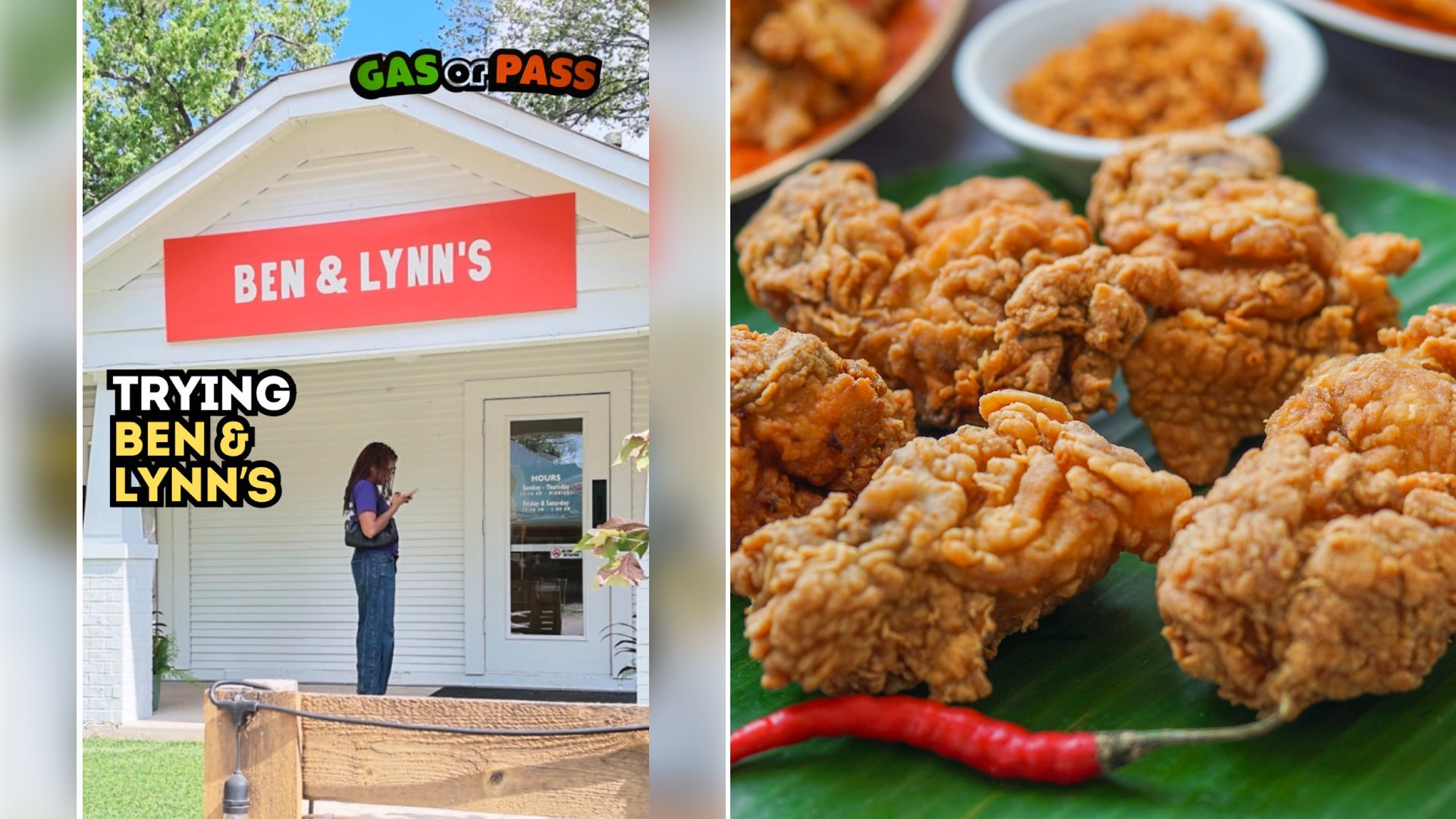 Left: cover still from a TikTok video by @@bwoodcooks. Right: Fried chicken served on a green leaf plate (Unsplash photo by Kevin kevin).