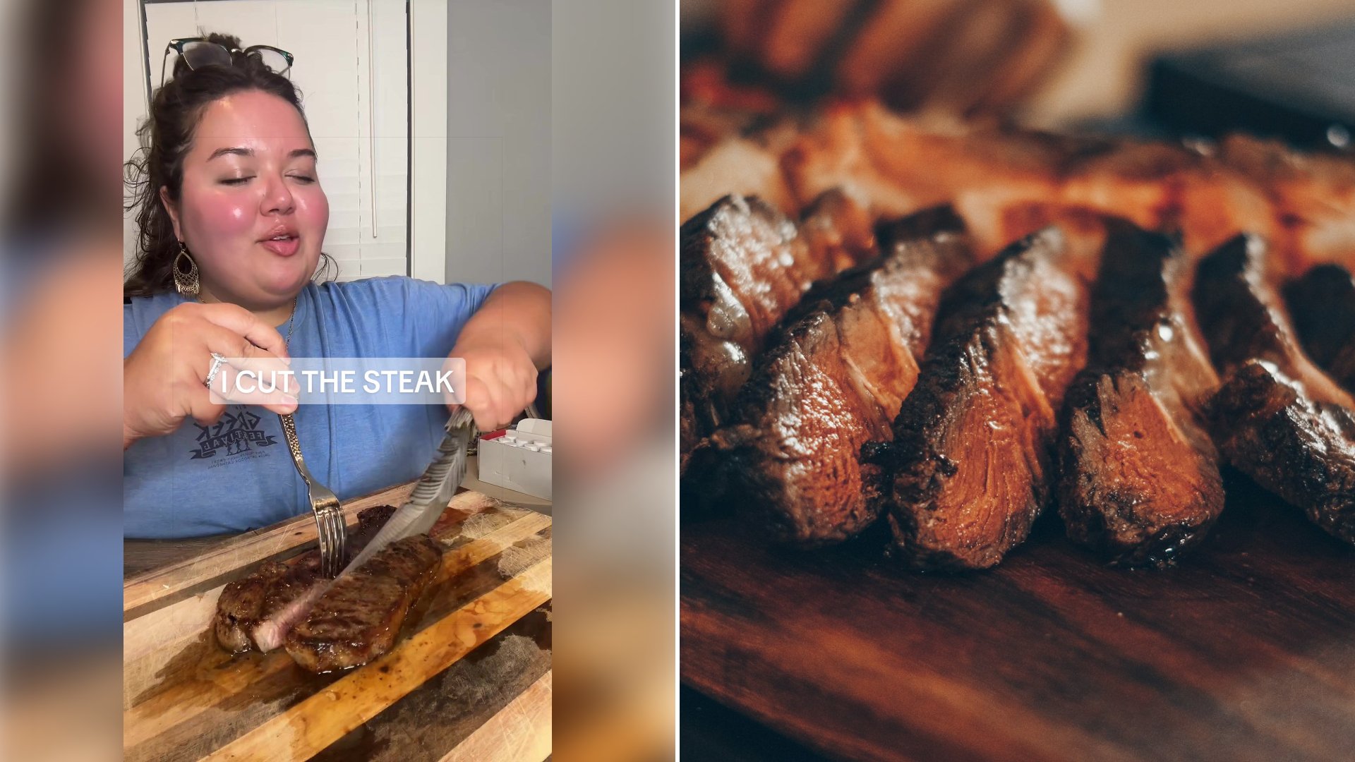Left: cover still from a TikTok video by @@ojgrubz. Right: Slices of cooked meat are arranged on a dark surface (Unsplash photo by Emerson Vieira).
