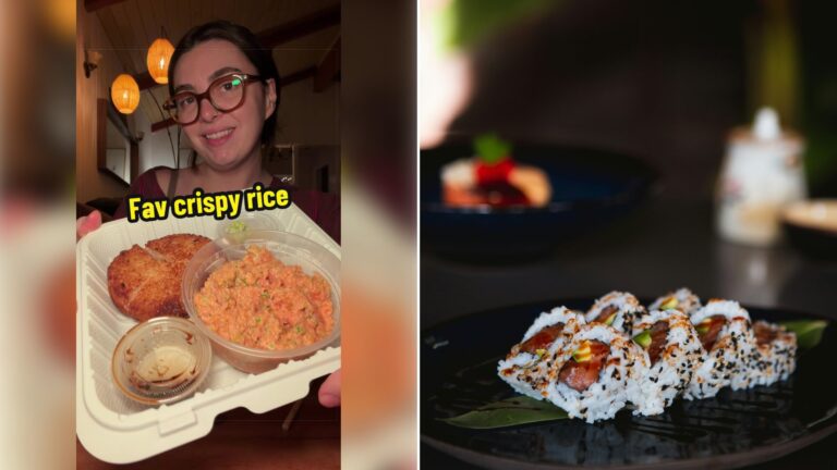 Left: cover still from a TikTok video by @@mckennaiseating. Right: Sushi on a black plate (Unsplash photo by Ahtziri Lagarde).