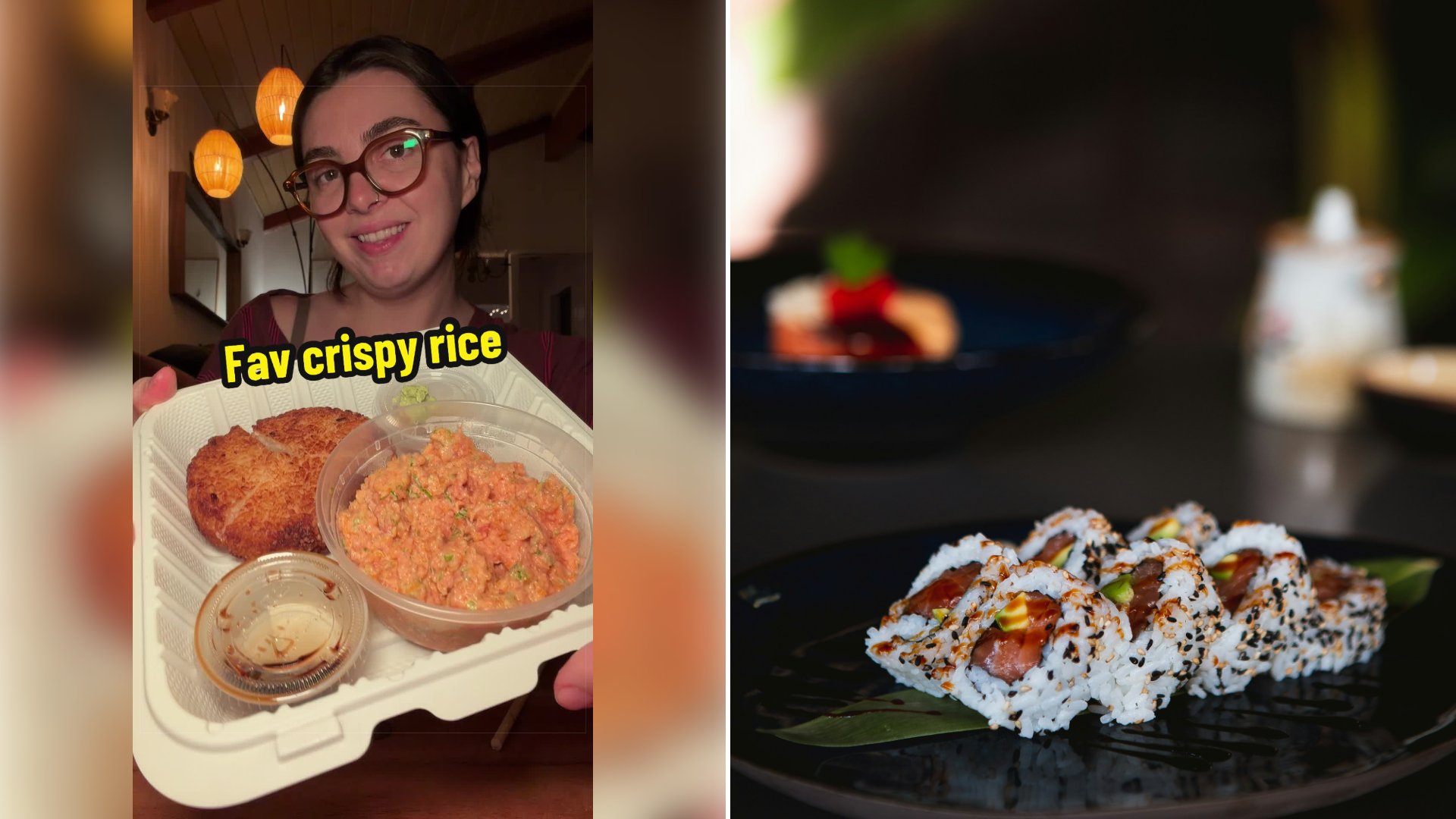 Left: cover still from a TikTok video by @@mckennaiseating. Right: Sushi on a black plate (Unsplash photo by Ahtziri Lagarde).