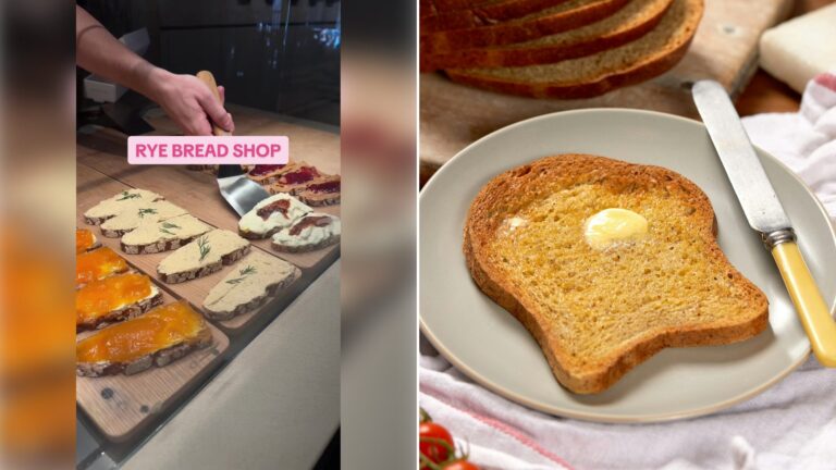 Left: cover still from a TikTok video by @@fooodforfooodies. Right: Toasted bread on a white plate (Unsplash photo by Seriously Low Carb).