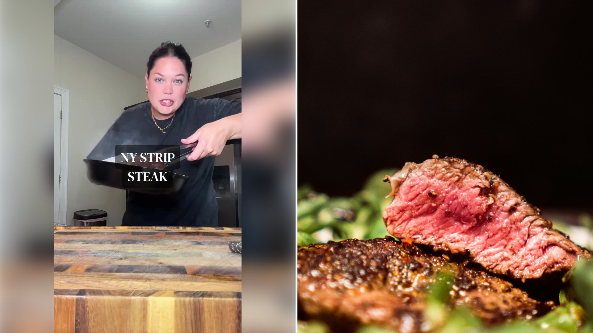 Left: cover still from a TikTok video by @@themoniqueelyousfi. Right: A seared steak with a pink center resting on green salad leaves (Unsplash photo by Justus Menke).