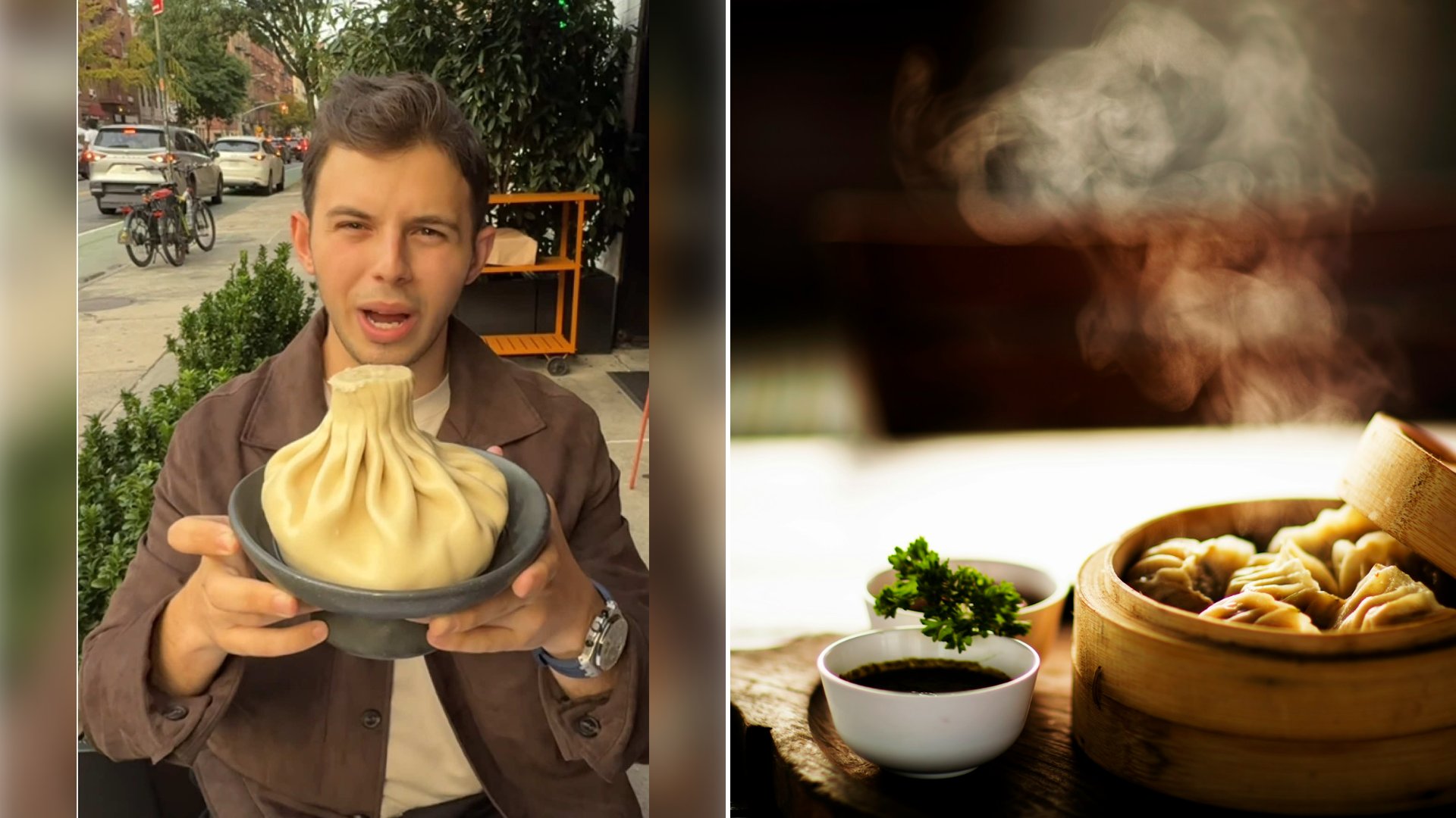 Left: cover still from a TikTok video by @@yoeats23. Right: Steamed dumplings sit in a bamboo steamer (Unsplash photo by Pooja Chaudhary).