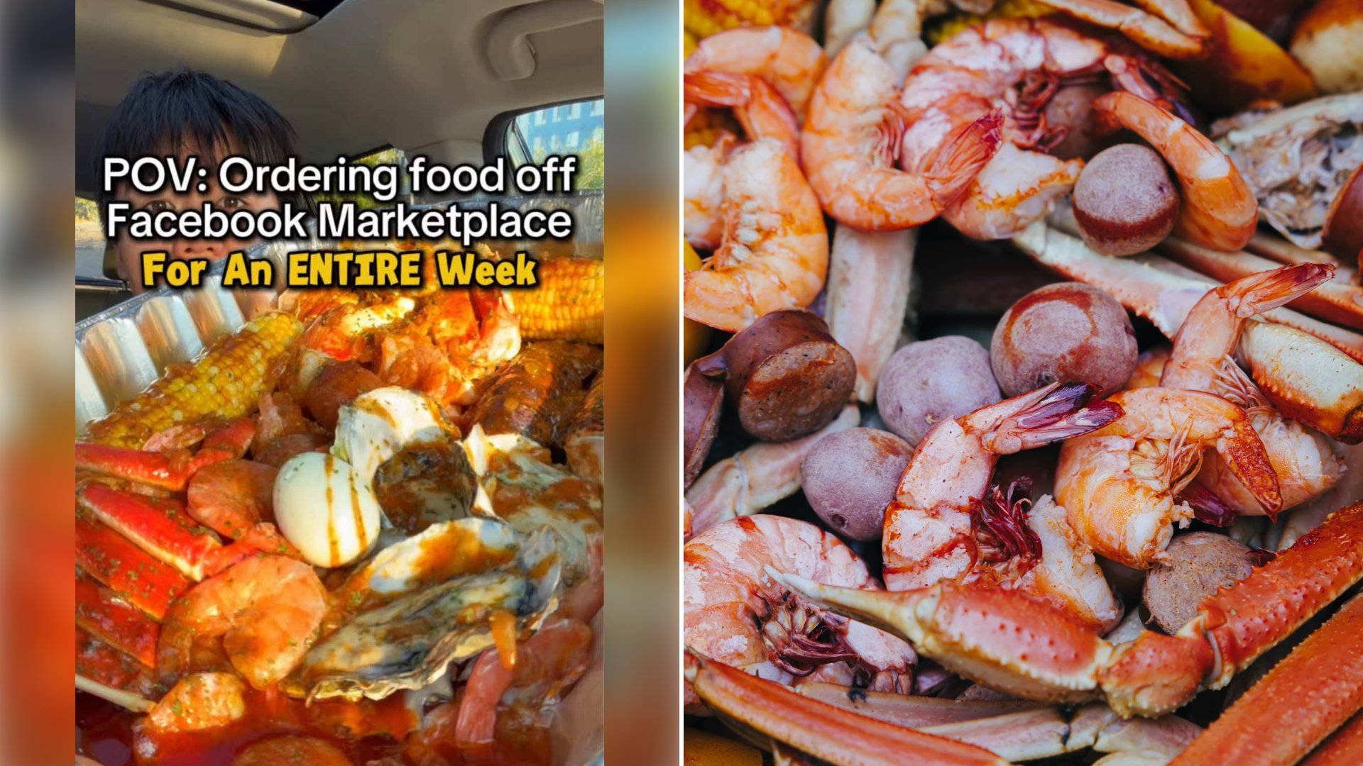 Left: cover still from a TikTok video by @@george.pnw. Right: A pile of seafood boil with crab and shrimp (Unsplash photo by Sunira Moses).