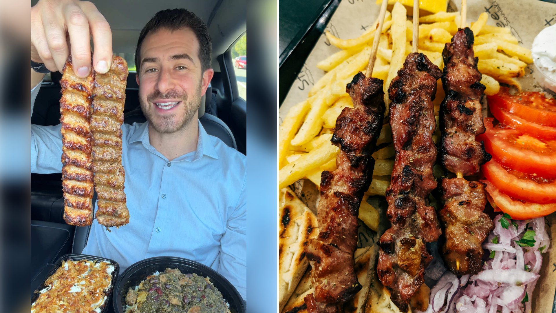 Left: cover still from a TikTok video by @@1hourlunchbreak. Right: Grilled meat skewers with fries, sliced tomatoes, red onion and pita bread (Unsplash photo by Markus Winkler).