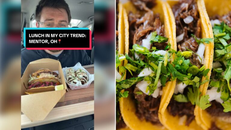 Left: cover still from a TikTok video by @@zach.is.back. Right: Three beef tacos topped with chopped onion and cilantro (Unsplash photo by Jeswin Thomas).