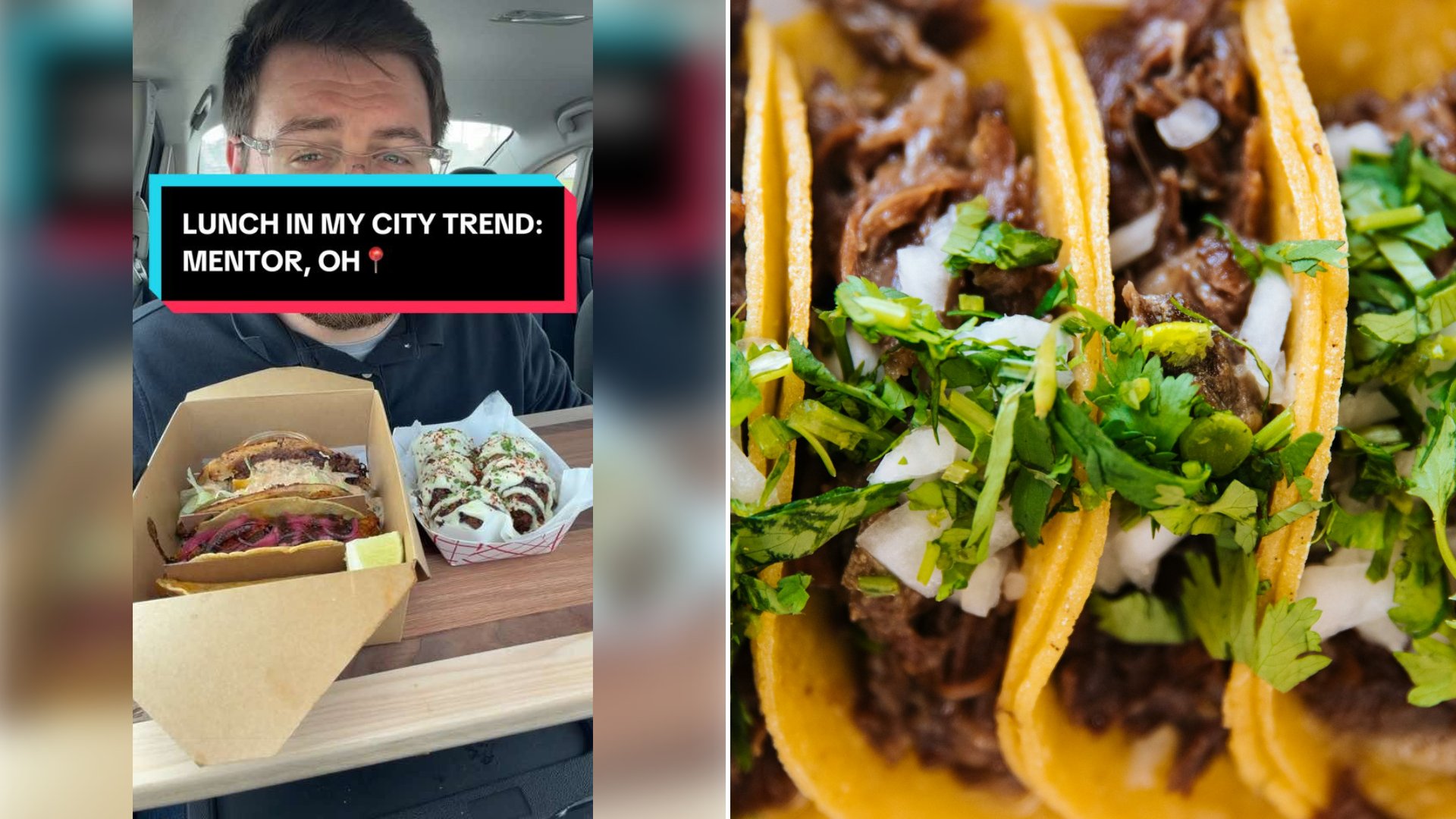 Left: cover still from a TikTok video by @@zach.is.back. Right: Three beef tacos topped with chopped onion and cilantro (Unsplash photo by Jeswin Thomas).