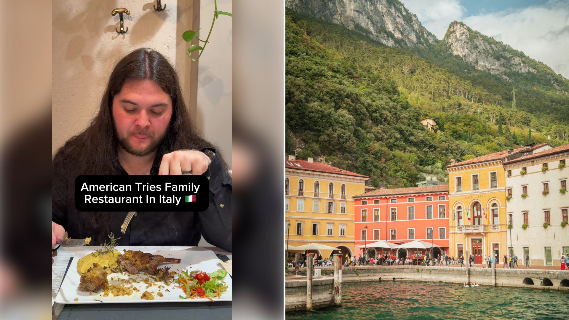 Left: cover still from a TikTok video by @@kalanighosthunter. Right: Lakeside buildings with a mountain in the background (Unsplash photo by Detoured Studio).