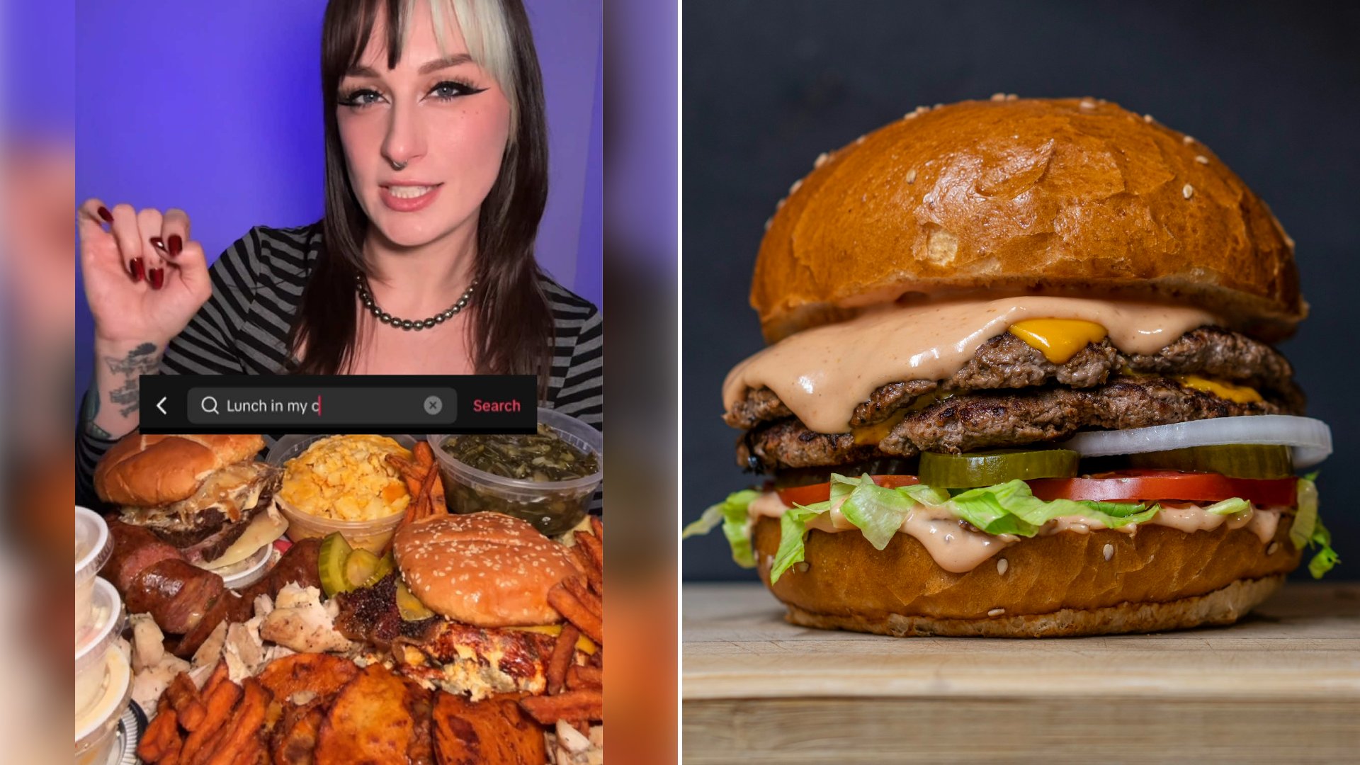 Left: cover still from a TikTok video by @@itshungryamber. Right: A burger with lettuce and tomato (Unsplash photo by amirali mirhashemian).