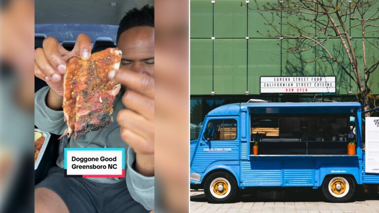 Left: cover still from a TikTok video by @mr.chimetime. Right: Blue food truck parked in Barcelona (Unsplash photo by Ryan Waring).
