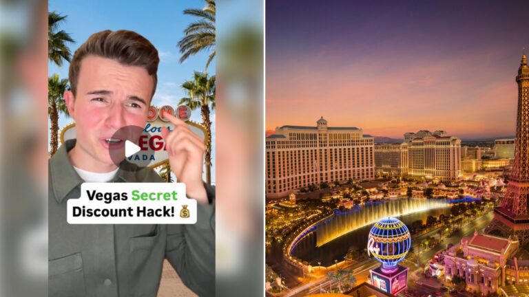 Left: cover still from an Instagram reel by @casper.capital. Right: City skyline with lights turned on at night in Las Vegas (Unsplash photo by Leo_Visions).