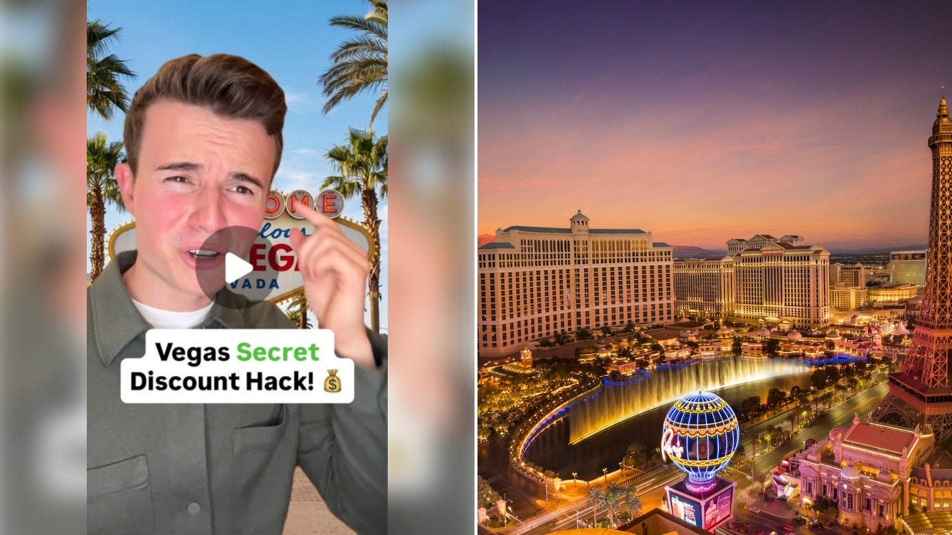 Left: cover still from an Instagram reel by @casper.capital. Right: City skyline with lights turned on at night in Las Vegas (Unsplash photo by Leo_Visions).