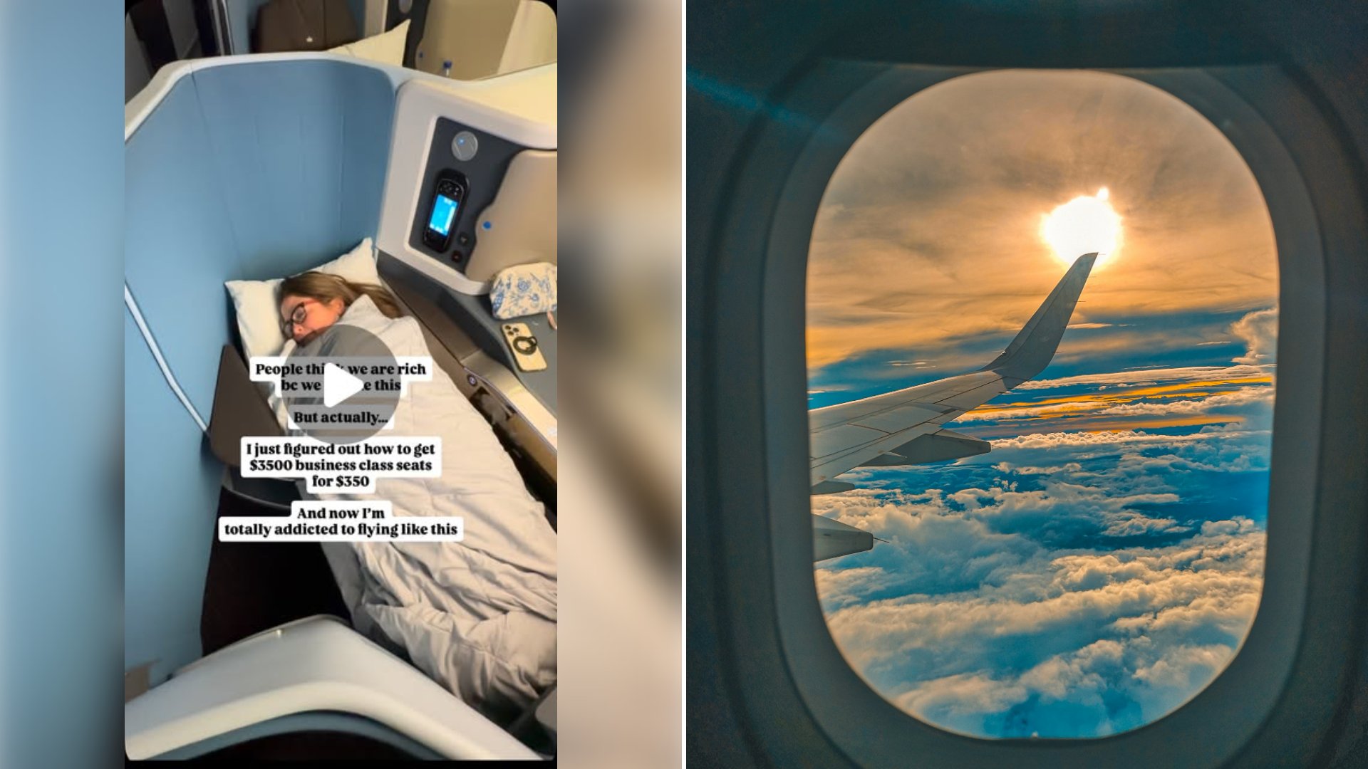 Left: cover still from an Instagram reel by @fancytravelpointers. Right: View of clouds through an airplane window during the day (Unsplash photo by Jim Flores).