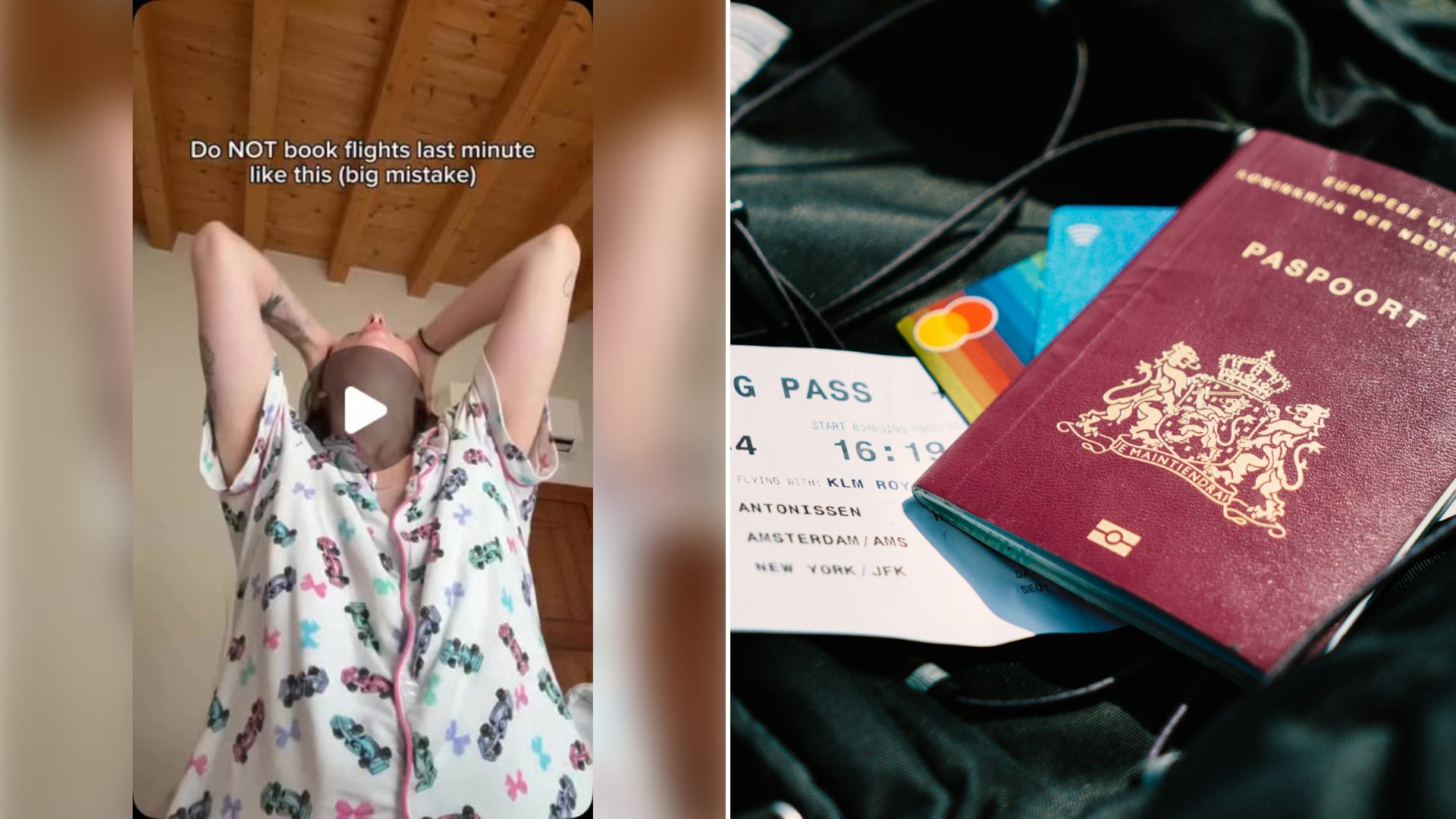 Left: cover still from an Instagram reel by @naynay.flightsavings. Right: Passport and boarding pass resting on a bag (Unsplash photo by CardMapr.nl).