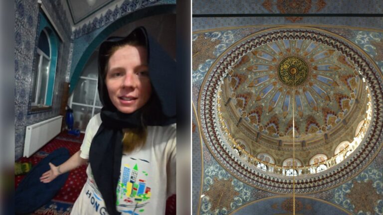 Left: cover still from a TikTok video by @edukate__. Right: Domed ceiling with gold decorative design inside a mosque (Unsplash photo by Zeynep Karahan).