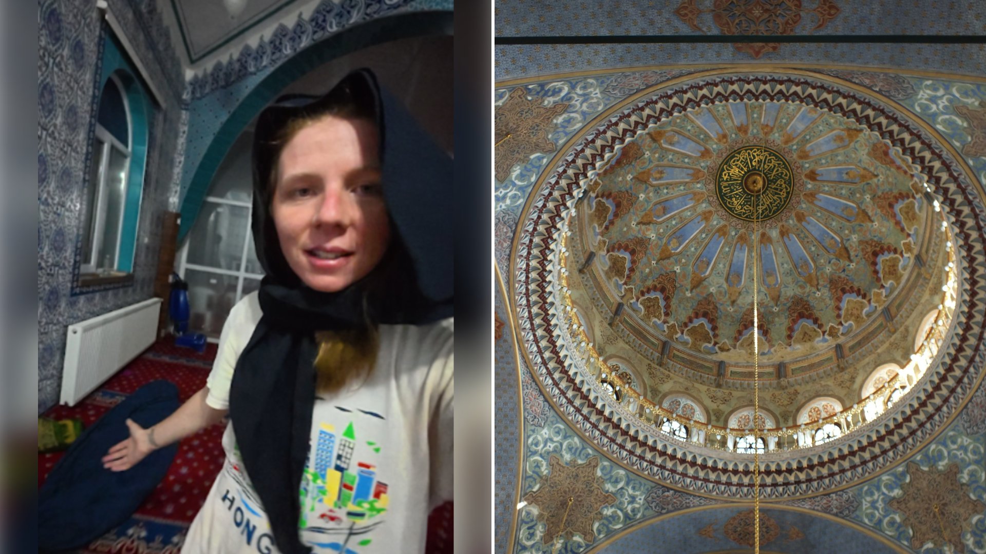 Left: cover still from a TikTok video by @edukate__. Right: Domed ceiling with gold decorative design inside a mosque (Unsplash photo by Zeynep Karahan).