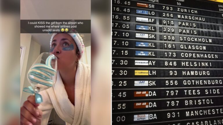 Left: cover still from a TikTok video by @travelhackswith.lo. Right: Airport split-flap departure board showing flight destinations and times (Unsplash photo by Amsterdam City Archives).