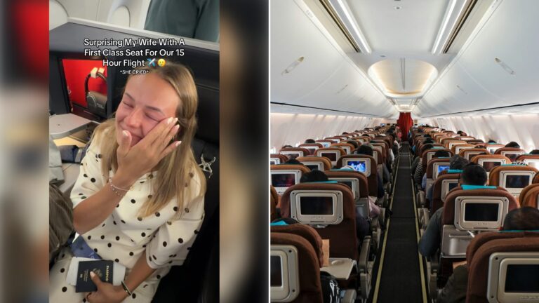 Left: cover still from a TikTok video by @brock_and_kesley. Right: Row of empty seats inside an airplane cabin (Unsplash photo by Mohammad Arrahmanur).