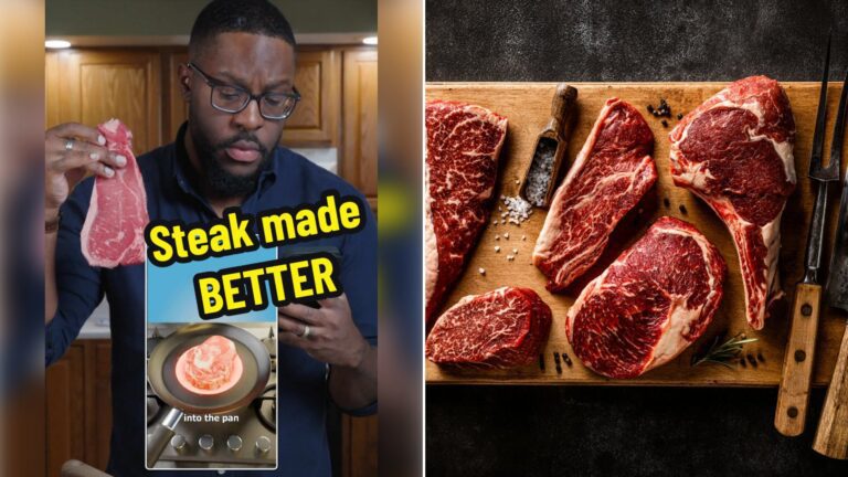Left: cover still from a TikTok video by @s_johnson_voiceovers. Right: Raw steaks with seasoning and a knife on a rustic wooden cutting board (Unsplash photo by Sergey Kotenev).